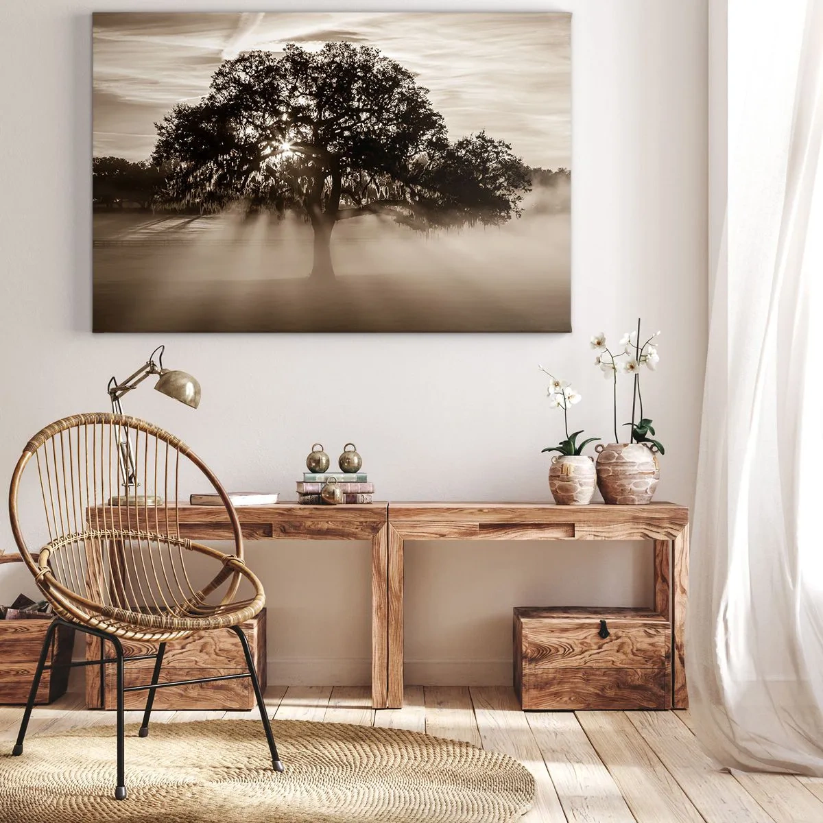 Impression sur toile - Image sur toile - Des rayons de soleil brillent à travers un arbre solitaire - 70x50cm - Arbre de bonnes nouvelles - Décoration murale moderne pour le salon et la chambre ARTTOR