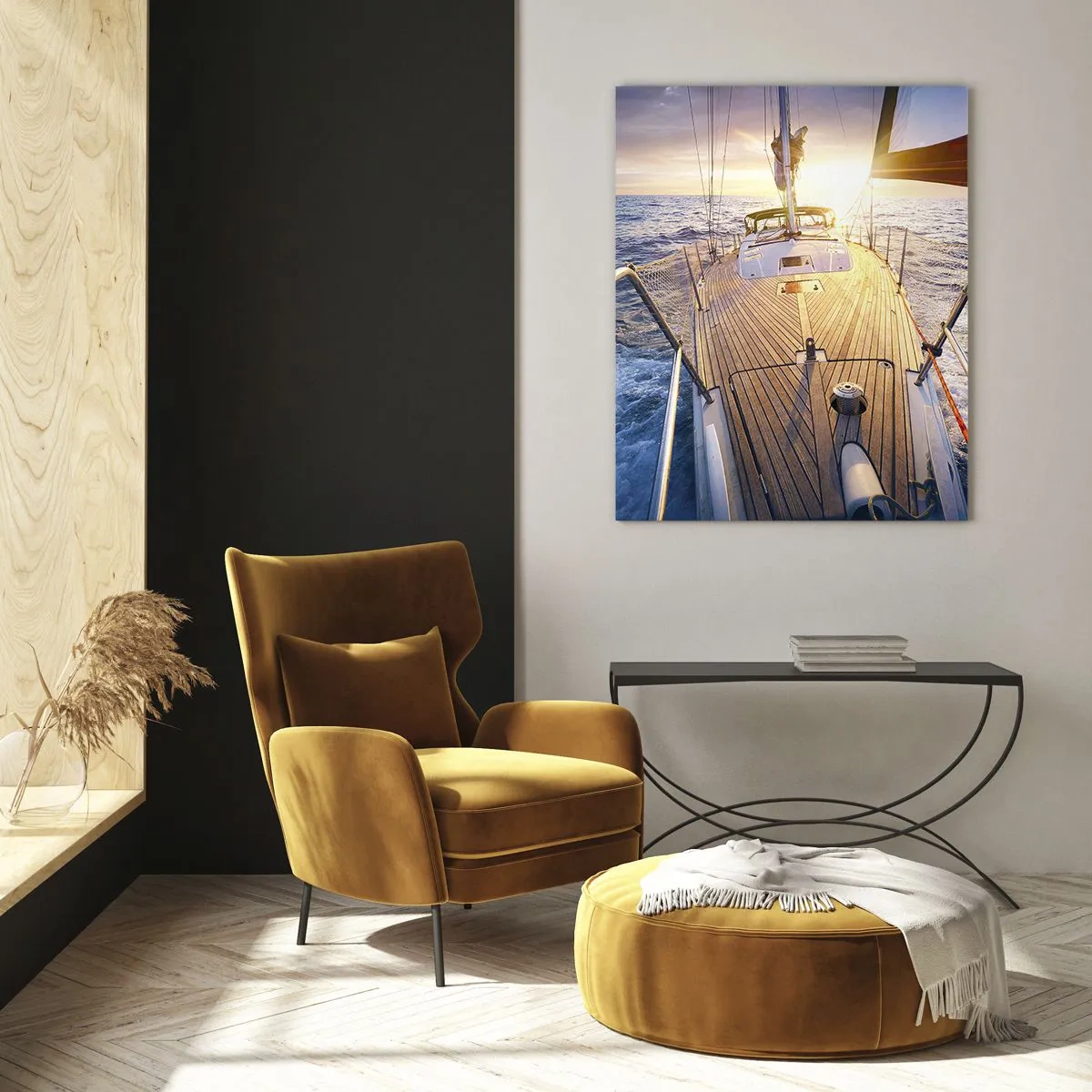 Impression sur verre - Image sur verre - Le pont d'un voilier sur fond de soleil couchant et de vagues de la mer - 50x70cm - Courir sur les vagues - Décoration murale moderne pour le salon et la chambre ARTTOR