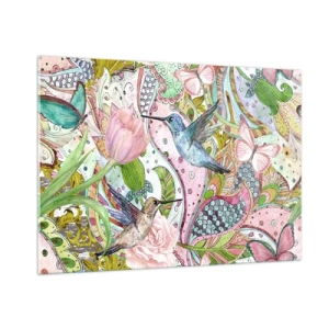 Impression sur verre - Image sur verre - Colibris colorés parmi les fleurs et les papillons - 100x70cm - Empêtré dans les vignes - Décoration murale moderne pour le salon et la chambre ARTTOR