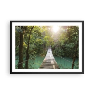 Affiche dans un cadre noir - Poster - Un pont suspendu dans une forêt tropicale illuminée par la lumière du soleil. - 70x50cm - De l'eau azur à la forêt azur - Décoration murale moderne pour le salon et la chambre ARTTOR