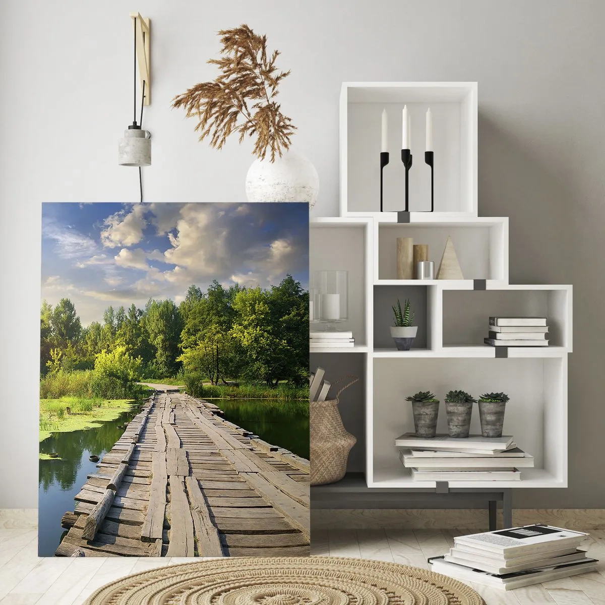 Impression sur verre - Image sur verre - Un paysage pittoresque avec un pont et un cygne - 70x100cm - L'été, l'été partout - Décoration murale moderne pour le salon et la chambre ARTTOR