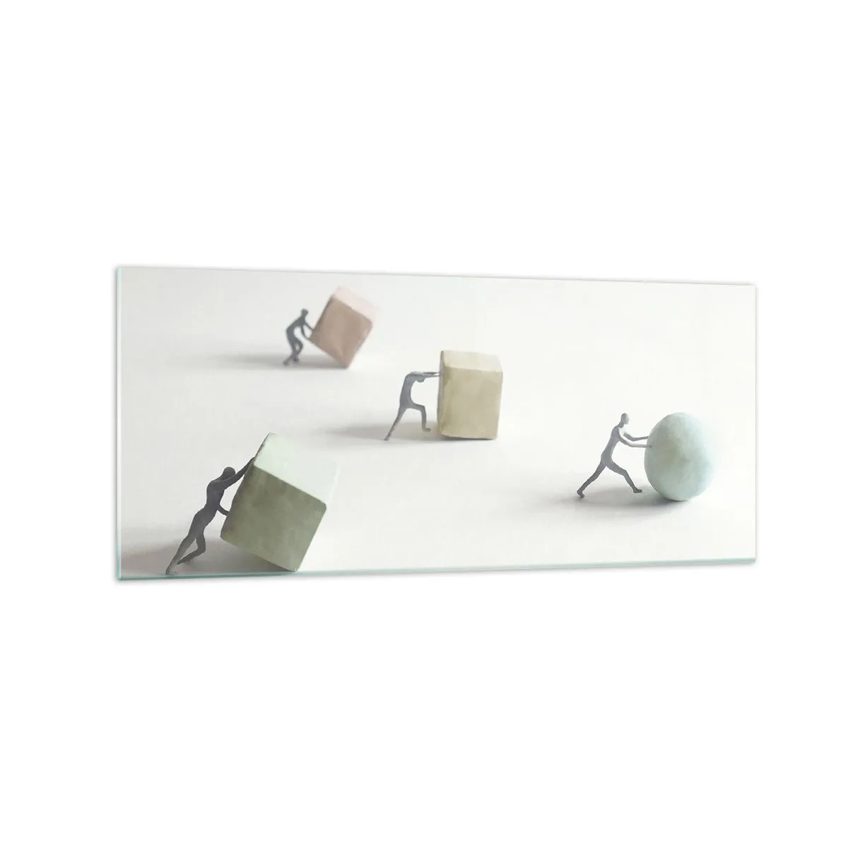 Impression sur verre - Image sur verre - Figurines miniatures poussant des formes sur un fond clair - 120x50cm - Rien que la vie - Décoration murale moderne pour le salon et la chambre ARTTOR