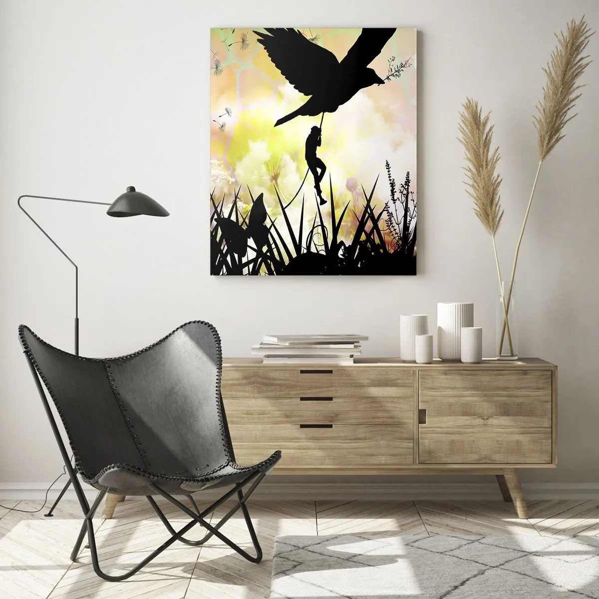 Impression sur verre - Image sur verre - Illustration d'une figure grimpant sur un oiseau sur un fond de fleurs colorées. - 50x70cm - Dans une ambiance de conte de fées - Décoration murale moderne pour le salon et la chambre ARTTOR