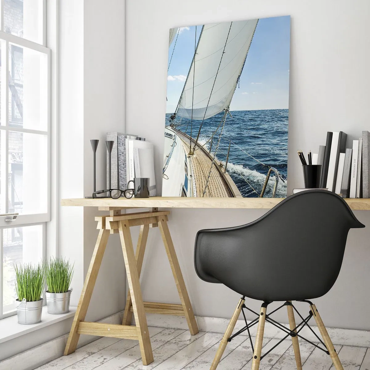 Impression sur verre - Image sur verre - Un yacht en pleine mer avec ses voiles déployées - 50x70cm - Ohé, l'aventure - Décoration murale moderne pour le salon et la chambre ARTTOR