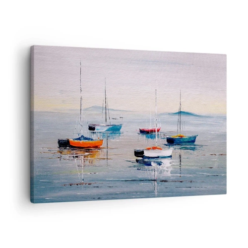 Impression sur toile - Image sur toile - Bateaux colorés sur une eau calme - 70x50cm - Un repos bien mérité - Décoration murale moderne pour le salon et la chambre ARTTOR