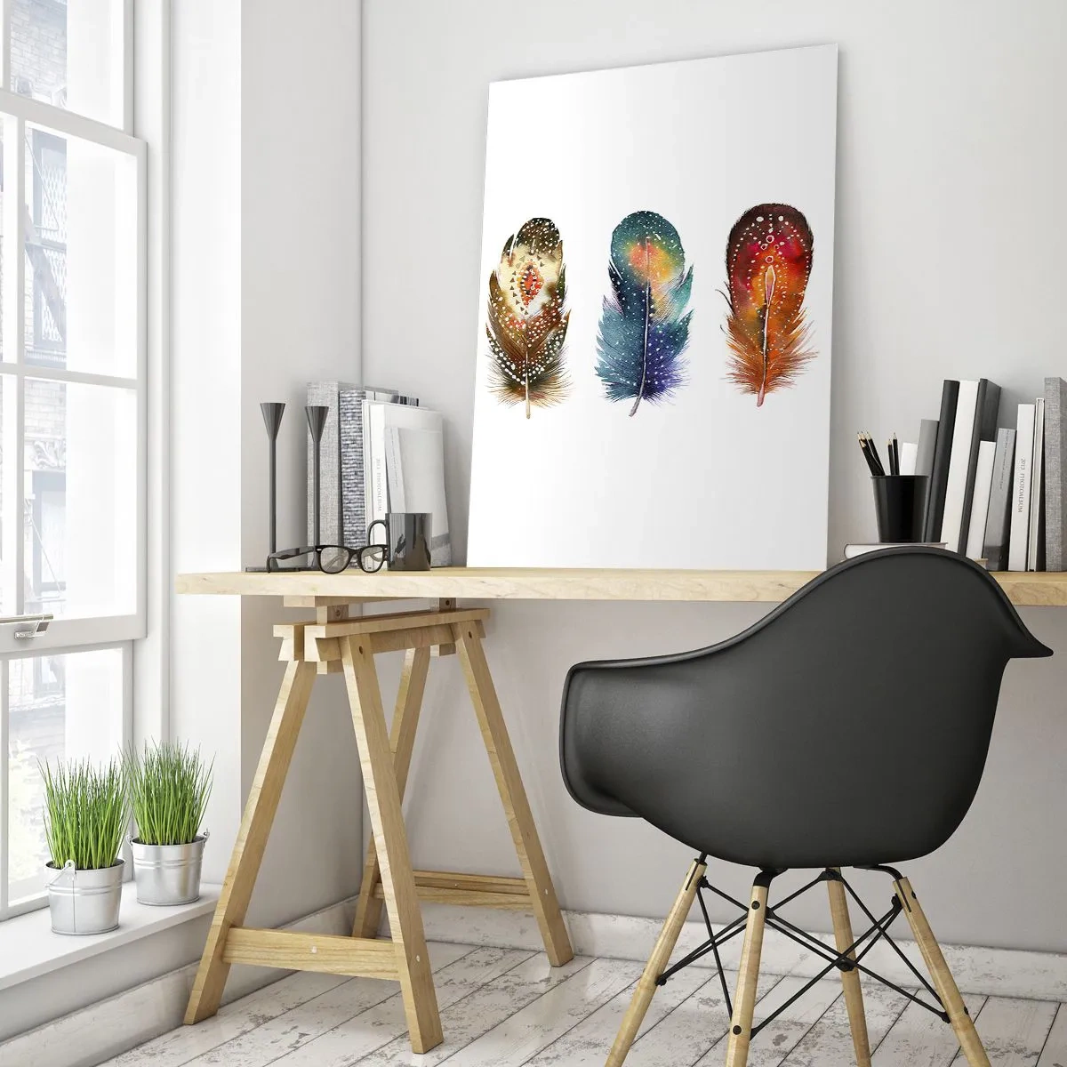 Impression sur verre - Image sur verre - Trois plumes colorées avec des motifs artistiques sur un fond clair - 70x100cm - Rituels, cérémonies, secrets - Décoration murale moderne pour le salon et la chambre ARTTOR