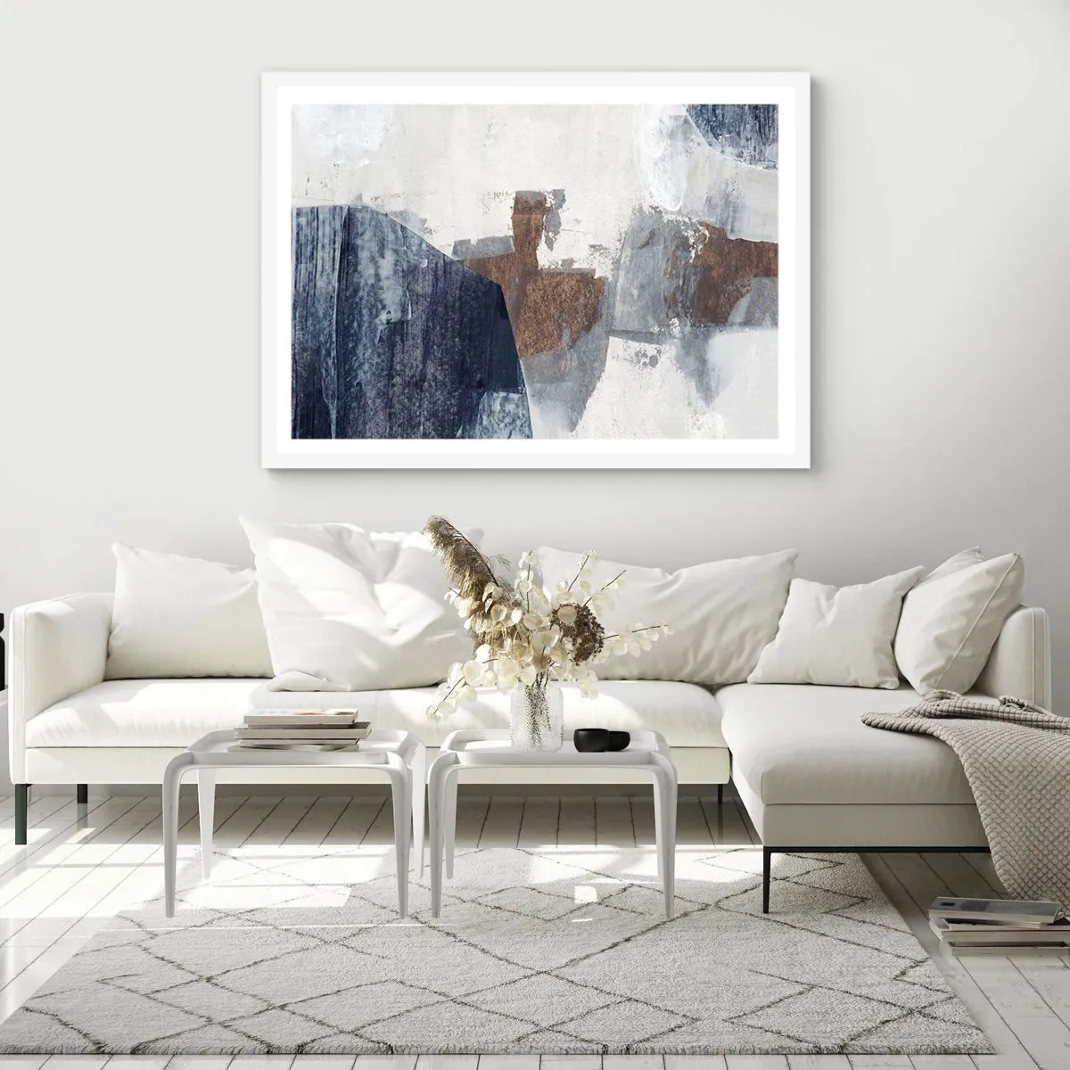 Affiche dans un cadre blanc - Poster - Formes bleues et brunes - 50x40 cm