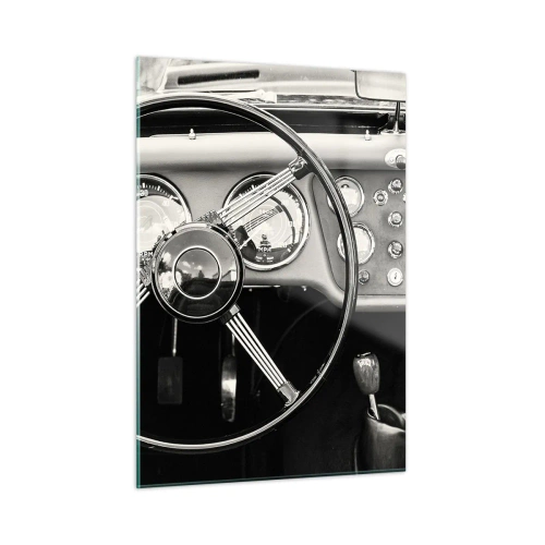 Impression sur verre - Image sur verre - Le volant et les horloges d'une voiture classique en sépia - 50x70cm - Rêve de collectionneur - Décoration murale moderne pour le salon et la chambre ARTTOR