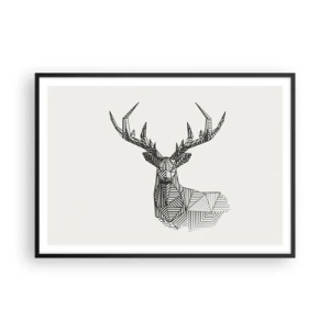 Affiche dans un cadre noir - Poster - Image géométrique d'un cerf dans un style minimaliste en noir et blanc - 100x70cm - Cerf dans un style cubique - Décoration murale moderne pour le salon et la chambre ARTTOR