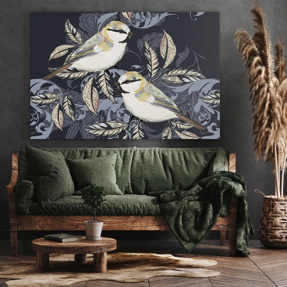 Impression sur toile - Image sur toile - Oiseaux sur des branches dans un arrière-plan ornemental - 120x80cm - Babillement jaune et bleu - Décoration murale moderne pour le salon et la chambre ARTTOR