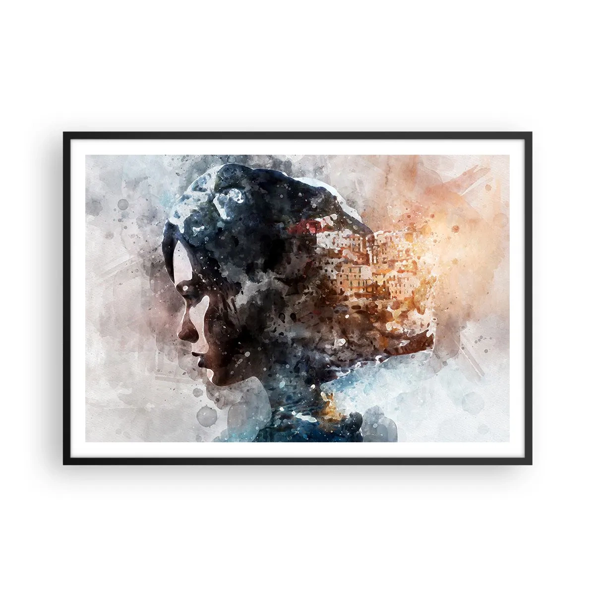 Affiche dans un cadre noir - Poster - Portrait d'une femme combinant son visage avec un paysage urbain en arrière-plan - 100x70cm - L'histoire d'une fille avec une ville en arrière-plan - Décoration murale moderne pour le salon et la chambre ARTTOR