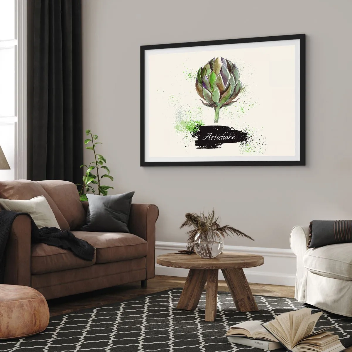 Affiche dans un cadre noir - Poster - Artichaut à l'aquarelle avec texte sur fond clair aux accents verts - 70x50cm - Vive les légumes! - Décoration murale moderne pour le salon et la chambre ARTTOR