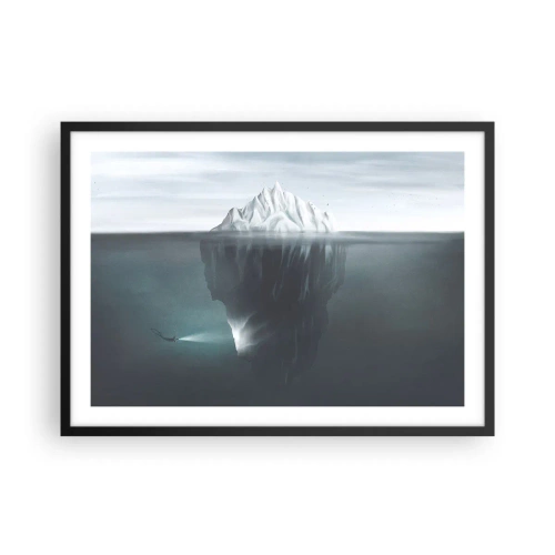 Affiche dans un cadre noir - Poster - Un iceberg dans l'eau avec un plongeur et un projecteur sous la surface. - 70x50cm - Mystère sous-marin - Décoration murale moderne pour le salon et la chambre ARTTOR