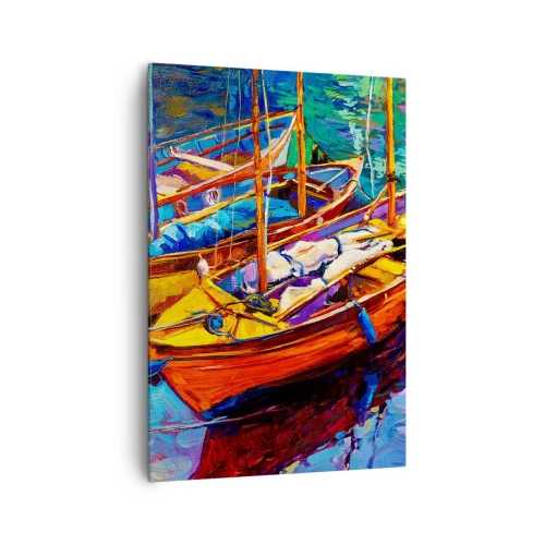 Impression sur toile - Image sur toile - Bateaux colorés sur une eau calme - 70x100cm - Sur l'eau épaisse de couleurs - Décoration murale moderne pour le salon et la chambre ARTTOR