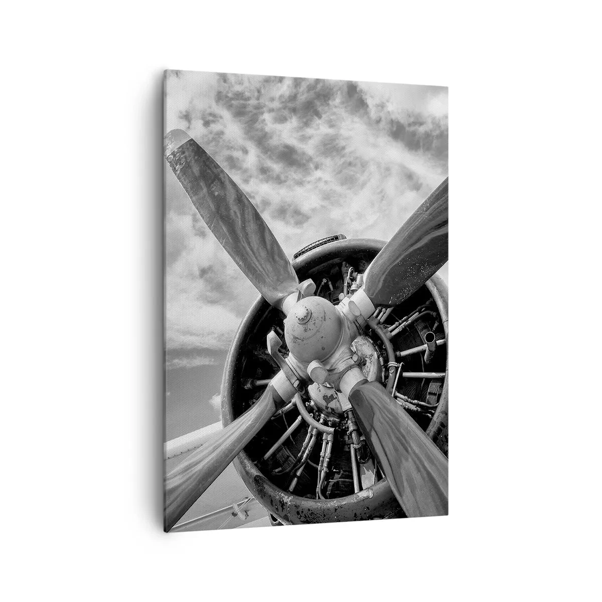 Impression sur toile - Image sur toile - Une photo en noir et blanc d'une hélice d'avion contre un ciel dynamique. - 70x100cm - Dompteur de ciel - Décoration murale moderne pour le salon et la chambre ARTTOR
