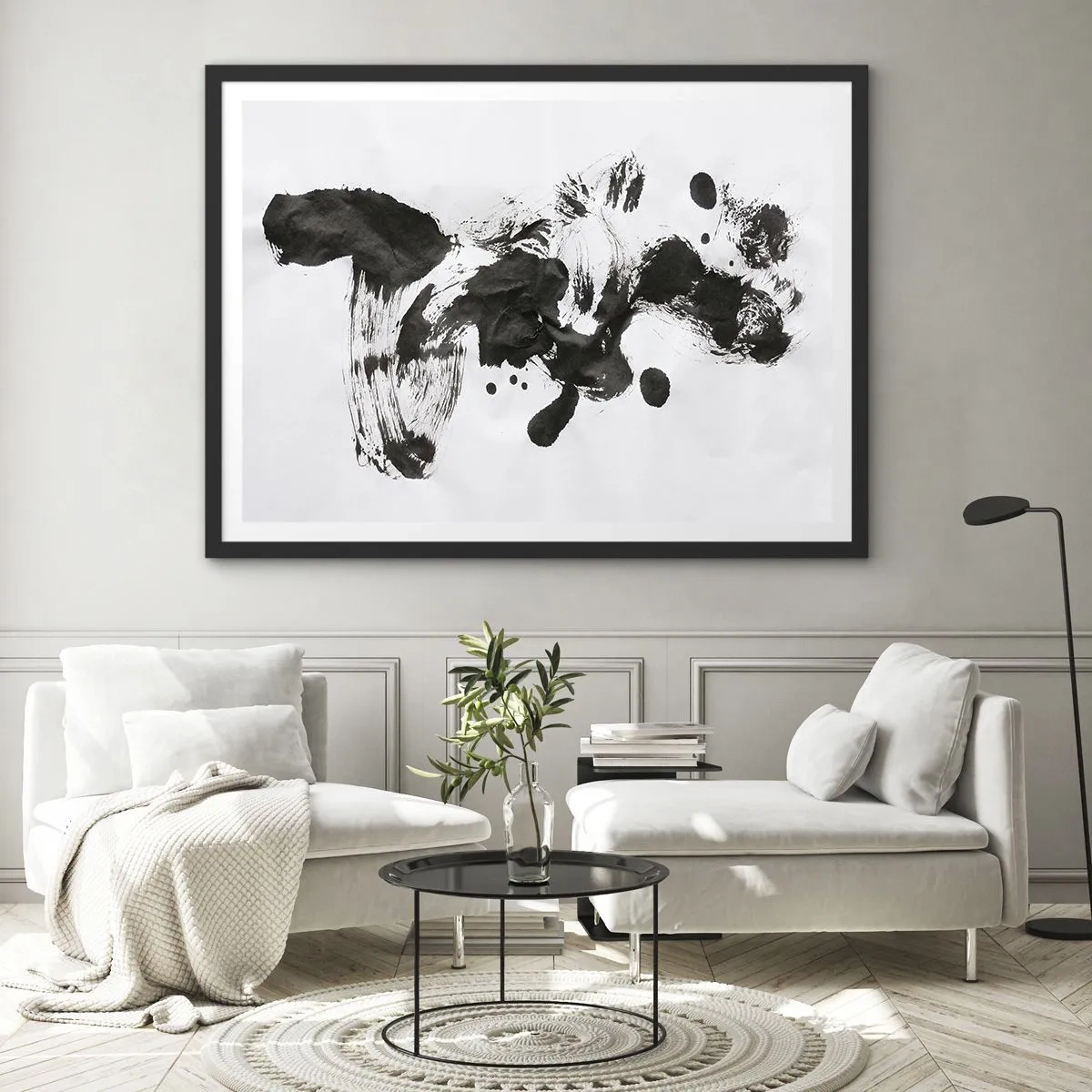 Affiche dans un cadre noir - Poster - Composition abstraite de taches noires sur fond blanc - 70x50cm - De la méthode dans la folie ? - Décoration murale moderne pour le salon et la chambre ARTTOR