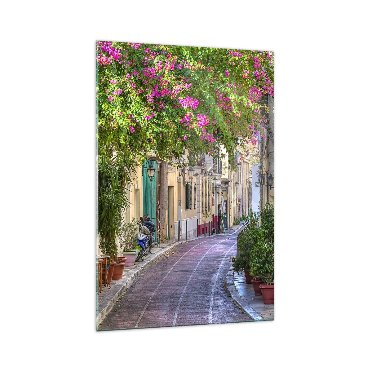 Impression sur verre - Image sur verre - Une charmante rue avec des vignes fleuries et des tables de café - 70x100cm - Allée fleurie - Décoration murale moderne pour le salon et la chambre ARTTOR