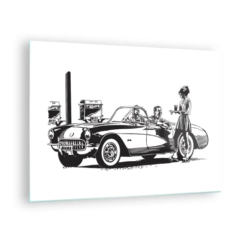 Impression sur verre - Image sur verre - Graphiques créatifs avec une voiture classique et des personnages - 70x50cm - 60's - Amérique insouciante - Décoration murale moderne pour le salon et la chambre ARTTOR