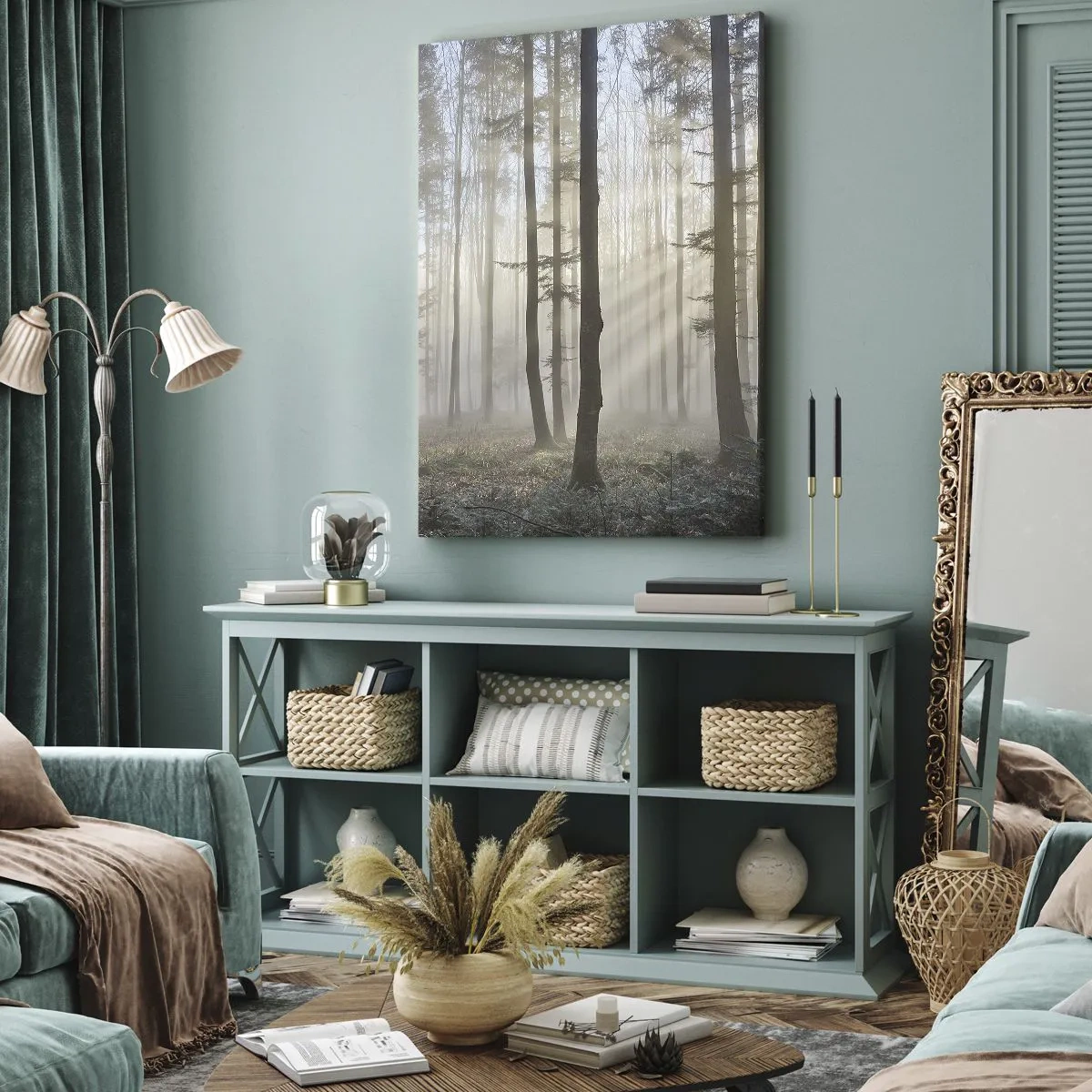 Impression sur toile - Image sur toile - Une forêt dans un léger brouillard avec des rayons de soleil qui brillent à travers les arbres - 50x70cm - Le brouillard s'est aussi réveillé - Décoration murale moderne pour le salon et la chambre ARTTOR