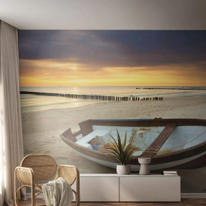 Papier Peint Photo Standard Eco - Vieux bateau sur une plage de sable au coucher du soleil - 100x70cm - Il n'y a pas de plus belles plages - Décoration murale moderne pour le salon et la chambre ARTTOR