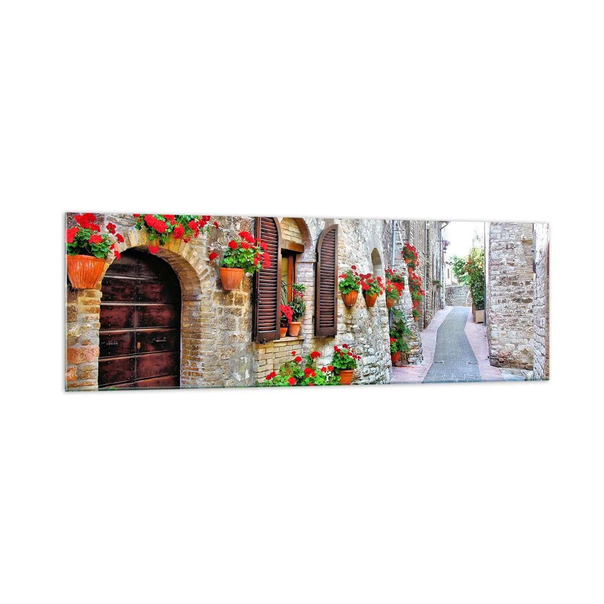Impression sur verre - Image sur verre - Une rue étroite avec des bâtiments en pierre décorés de pots de fleurs - 160x50cm - Ambiance italienne - Décoration murale moderne pour le salon et la chambre ARTTOR