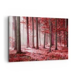 Impression sur toile - Image sur toile - Une forêt époustouflante aux teintes rouges avec des rayons de lumière pénétrant à travers les arbres - 120x80cm - Le rouge est tout aussi beau - Décoration murale moderne pour le salon et la chambre ARTTOR