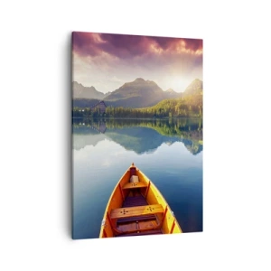 Impression sur toile - Image sur toile - Trois bateaux en bois sur fond de lac de montagne au coucher du soleil - 50x70cm - Rien contre nature - Décoration murale moderne pour le salon et la chambre ARTTOR