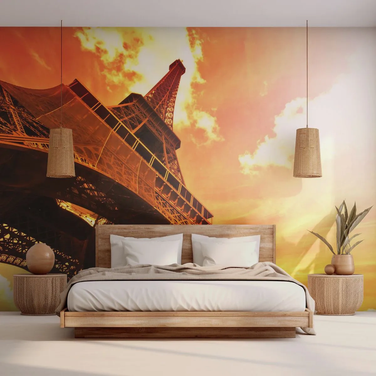 Papier Peint Photo Premium Sand - La Tour Eiffel dans la lueur dorée du coucher de soleil - 100x70cm - Monumental, car il est doré par le soleil - Décoration murale moderne pour le salon et la chambre ARTTOR