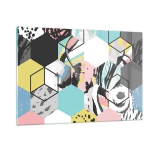 Impression sur verre - Image sur verre - Cubes et hexagones colorés dans une composition moderne - 120x80cm - Hexagones et cubes en six couleurs - Décoration murale moderne pour le salon et la chambre ARTTOR