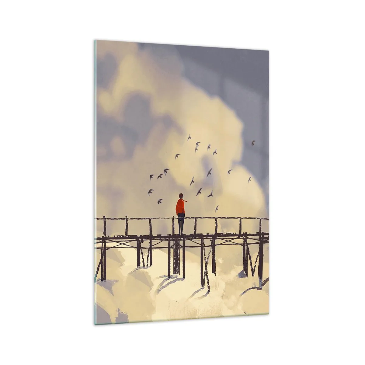 Impression sur verre - Image sur verre - Une silhouette sur un pont parmi les nuages avec des oiseaux dans le ciel - 70x100cm - Bleu nostalgie - Décoration murale moderne pour le salon et la chambre ARTTOR