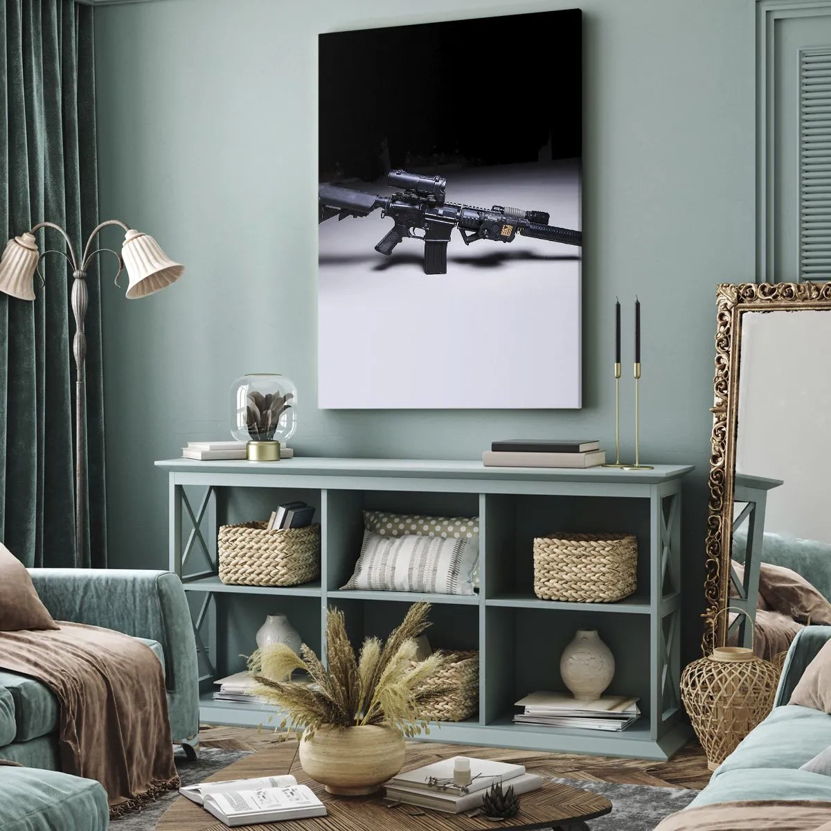 Impression sur toile - Image sur toile - Un fusil moderne en noir sur fond sombre - 80x120cm - Chevalier ténébreux - Décoration murale moderne pour le salon et la chambre ARTTOR