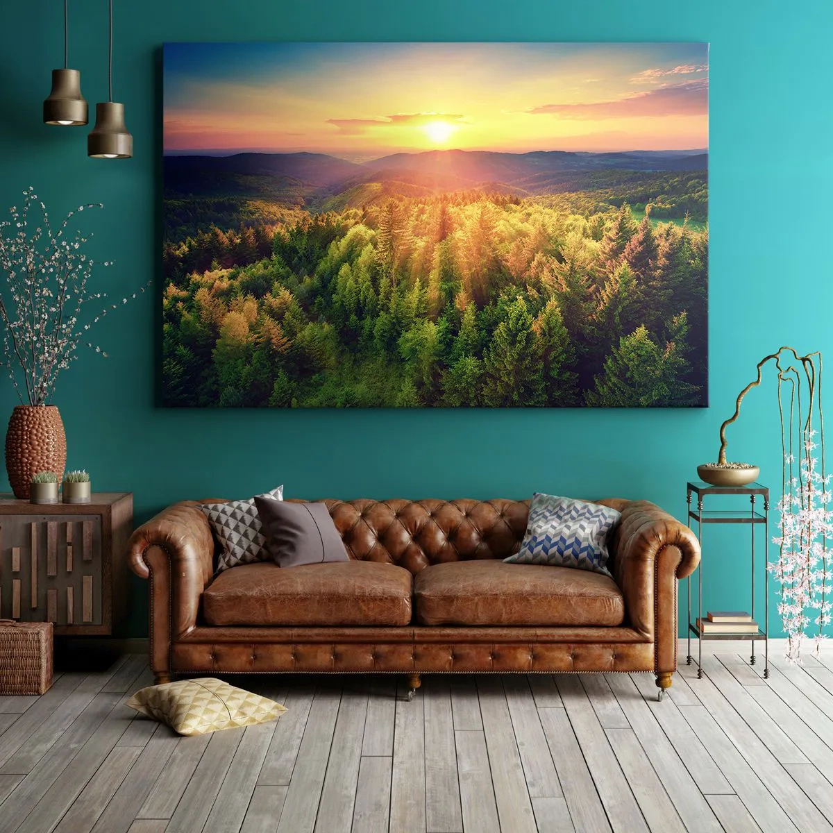 Impression sur toile - Image sur toile - Paysage forestier avec coucher de soleil sur les collines - 70x50cm - Monts et sommets - Décoration murale moderne pour le salon et la chambre ARTTOR