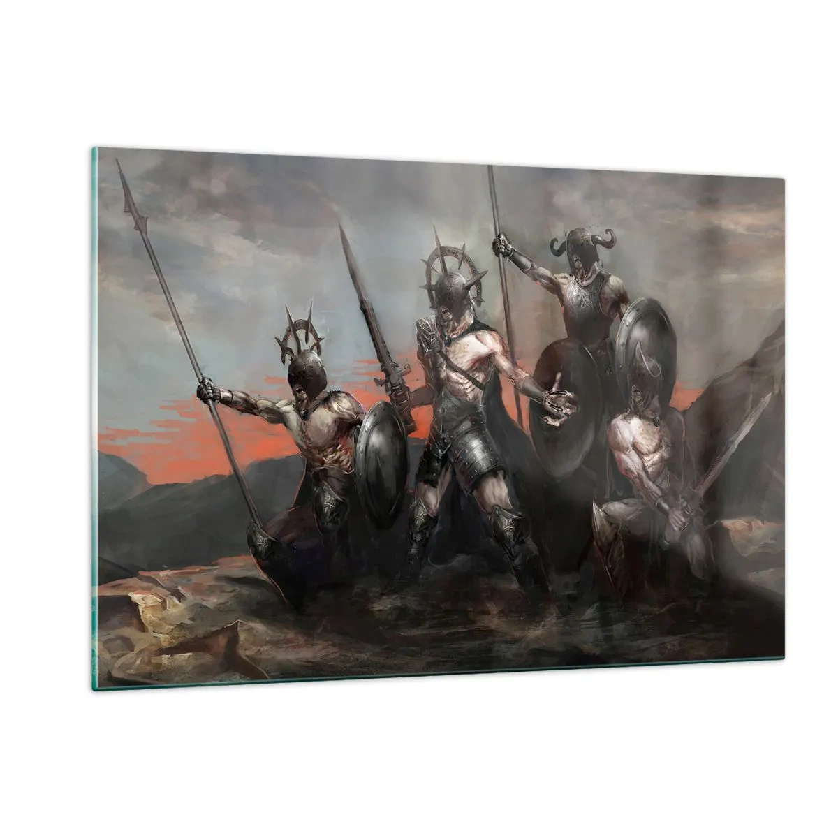 Impression sur verre - Image sur verre - Guerriers avec des lances et des boucliers contre le ciel rouge - 120x80cm - Avec ou sur un bouclier - Décoration murale moderne pour le salon et la chambre ARTTOR