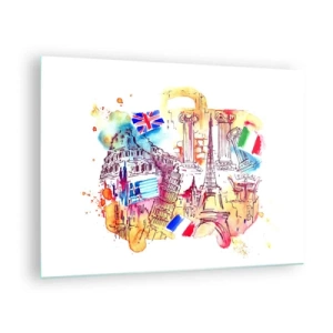 Impression sur verre - Image sur verre - Aquarelle de monuments européens avec drapeaux de pays - 70x50cm - Tournée européenne - Décoration murale moderne pour le salon et la chambre ARTTOR