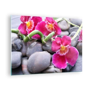 Impression sur verre - Image sur verre - Orchidées roses avec bambou sur pierres - 70x50cm - Refroidir et chauffer - Décoration murale moderne pour le salon et la chambre ARTTOR