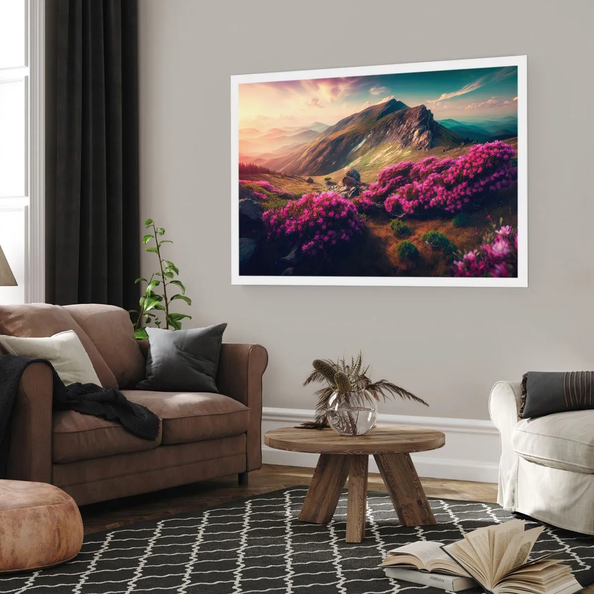 Affiche - Poster - Paysage de montagne avec des rhododendrons en fleurs - 100x70cm - L'été à la montagne - Décoration murale moderne pour le salon et la chambre ARTTOR