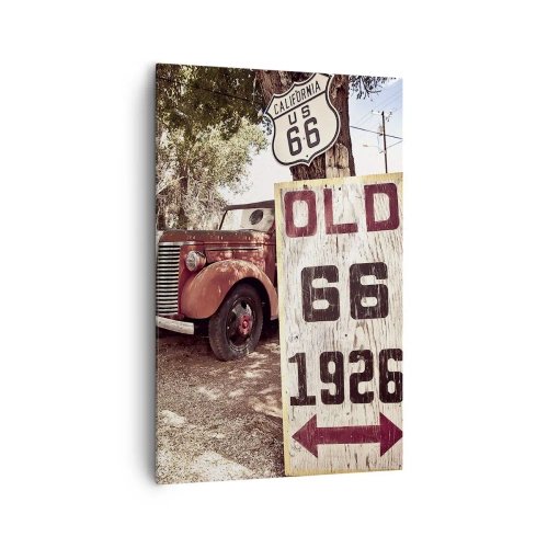Impression sur toile - Image sur toile - Voiture rétro et panneau Route 66 dans un cadre rustique - 80x120cm - La légende de la province américaine - Décoration murale moderne pour le salon et la chambre ARTTOR