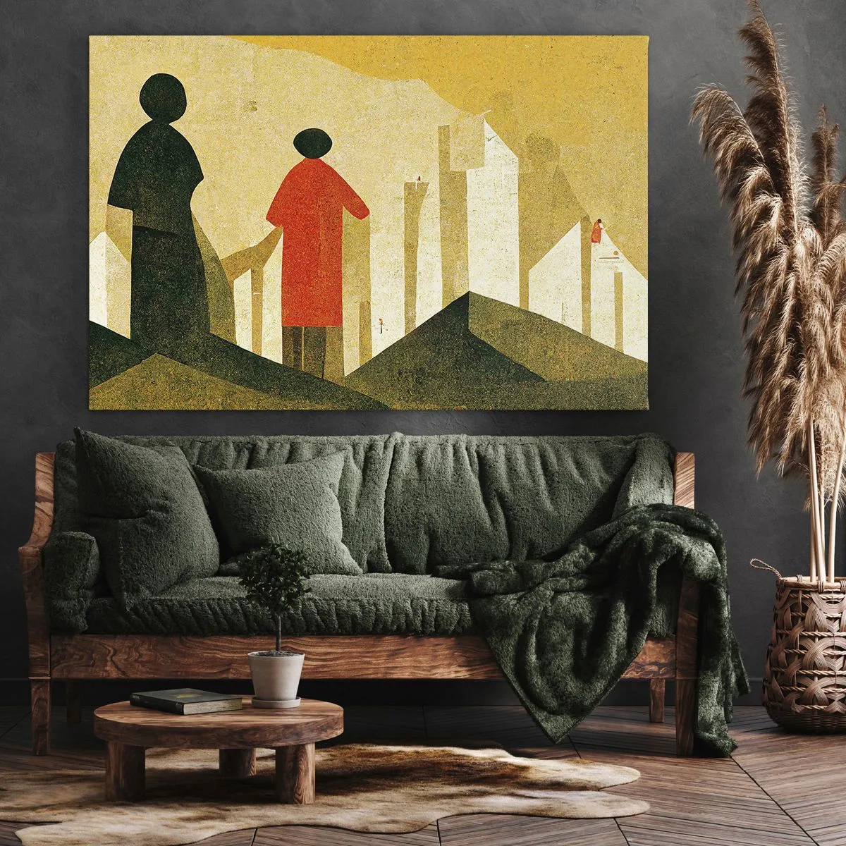 Impression sur toile - Image sur toile - Silhouettes géométriques en rouge et vert sur fond jaune - 100x70cm - La route est encore longue - Décoration murale moderne pour le salon et la chambre ARTTOR