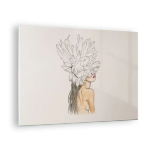 Impression sur verre - Image sur verre - Un dessin d'une femme aux cheveux longs et à la couronne de grandes plumes - 70x50cm - Beauté couronnée - Décoration murale moderne pour le salon et la chambre ARTTOR