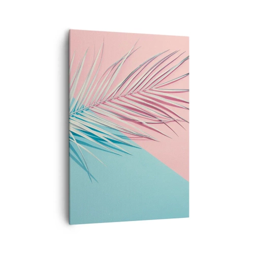Impression sur toile - Image sur toile - Feuille tropicale sur un fond de tons pastel de rose et de bleu - 70x100cm - Impression tropicale - Décoration murale moderne pour le salon et la chambre ARTTOR