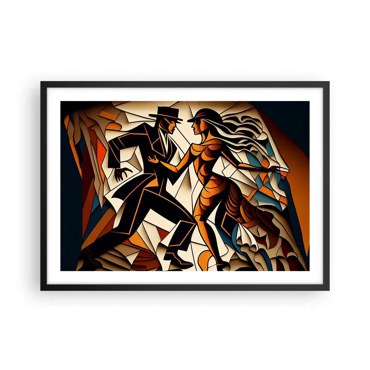 Affiche dans un cadre noir - Poster - Un couple dynamique dansant sous une forme abstraite. - 70x50cm - Danse de passion et de volupté - Décoration murale moderne pour le salon et la chambre ARTTOR