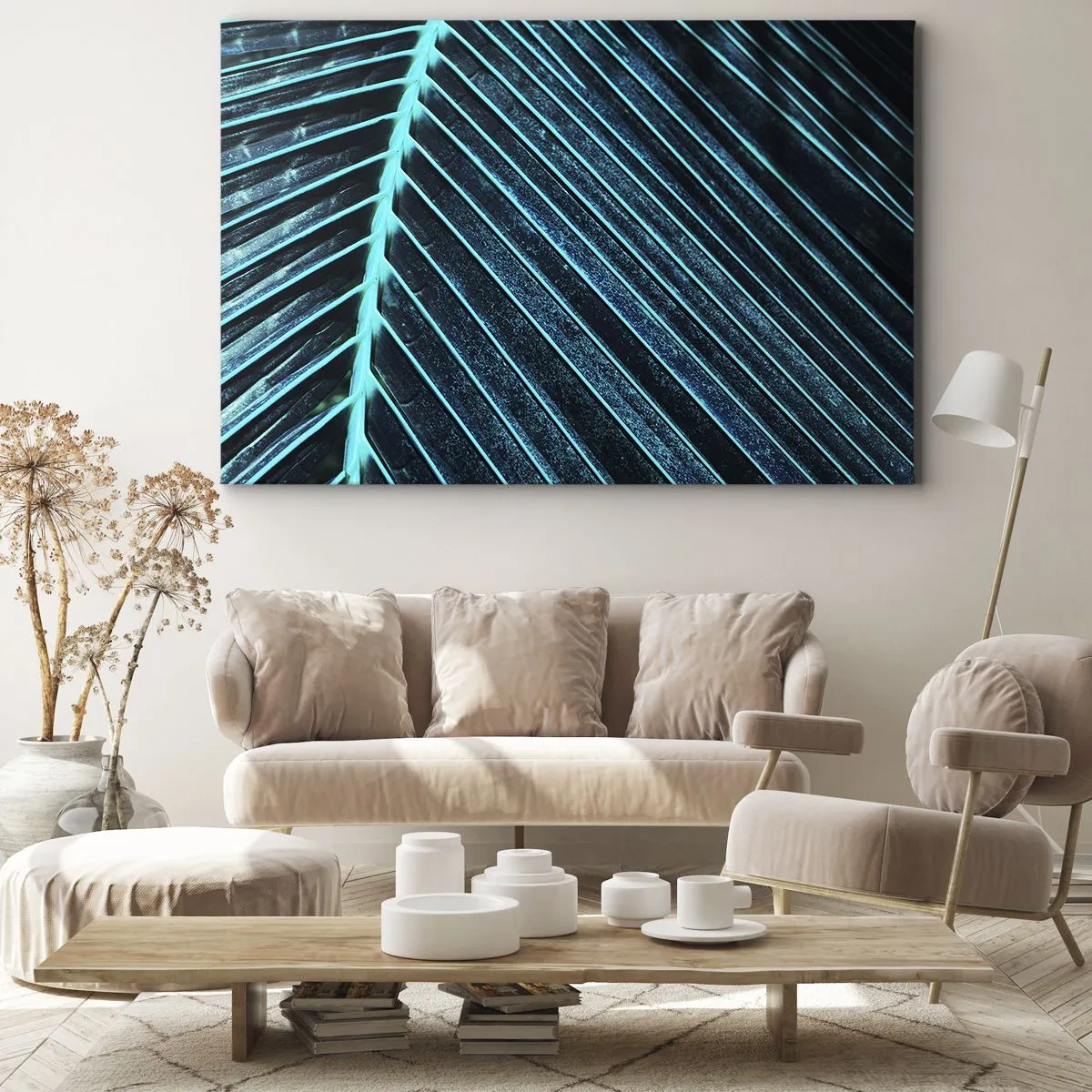 Impression sur toile - Image sur toile - Macrophotographie d'une feuille dans les tons turquoise et bleu marine - 100x70cm - Texture verte - Décoration murale moderne pour le salon et la chambre ARTTOR