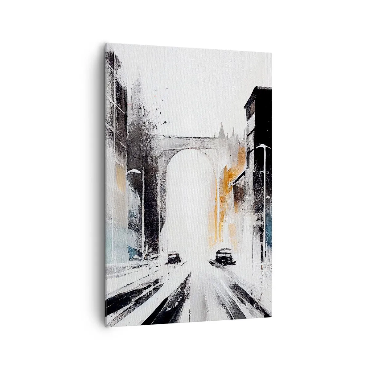 Impression sur toile - Image sur toile - Panorama abstrait de la ville avec un pont en arc - 80x120cm - Étude de ville : architecture et mouvement - Décoration murale moderne pour le salon et la chambre ARTTOR