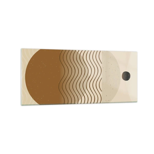 Impression sur verre - Image sur verre - Abstraction géométrique avec des cercles et des lignes ondulées aux couleurs chaudes. - 120x50cm - Sur l'origine des figures géométriques - Décoration murale moderne pour le salon et la chambre ARTTOR