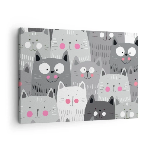 Impression sur toile - Image sur toile - Un motif amusant avec des chats dans des tons de gris - 70x50cm - Le monde des chats - Décoration murale moderne pour le salon et la chambre ARTTOR