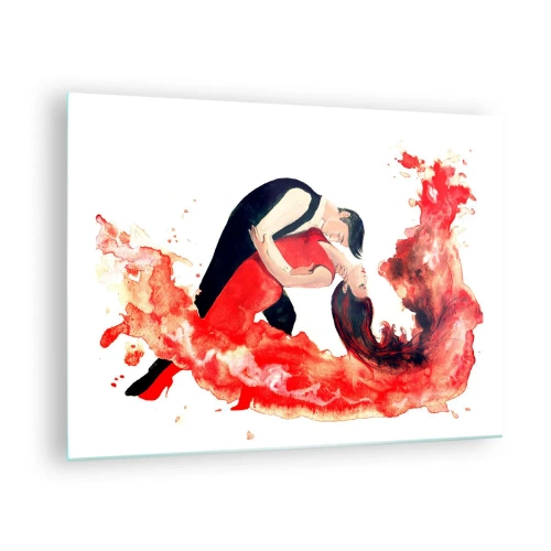 Impression sur verre - Image sur verre - Un couple dansant dans une composition dynamique à l'aquarelle rouge - 70x50cm - Tango - une vague sensuelle - Décoration murale moderne pour le salon et la chambre ARTTOR