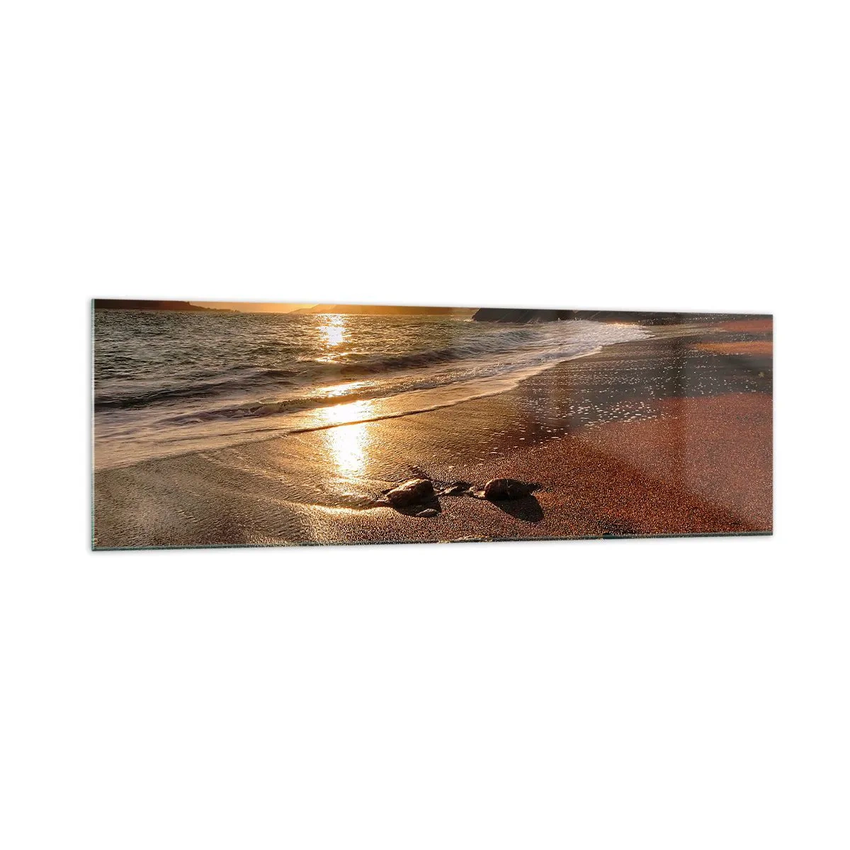 Impression sur verre - Image sur verre - Plage au coucher du soleil avec des pierres sur le rivage - 160x50cm - Suivez le soleil sur les collines - Décoration murale moderne pour le salon et la chambre ARTTOR