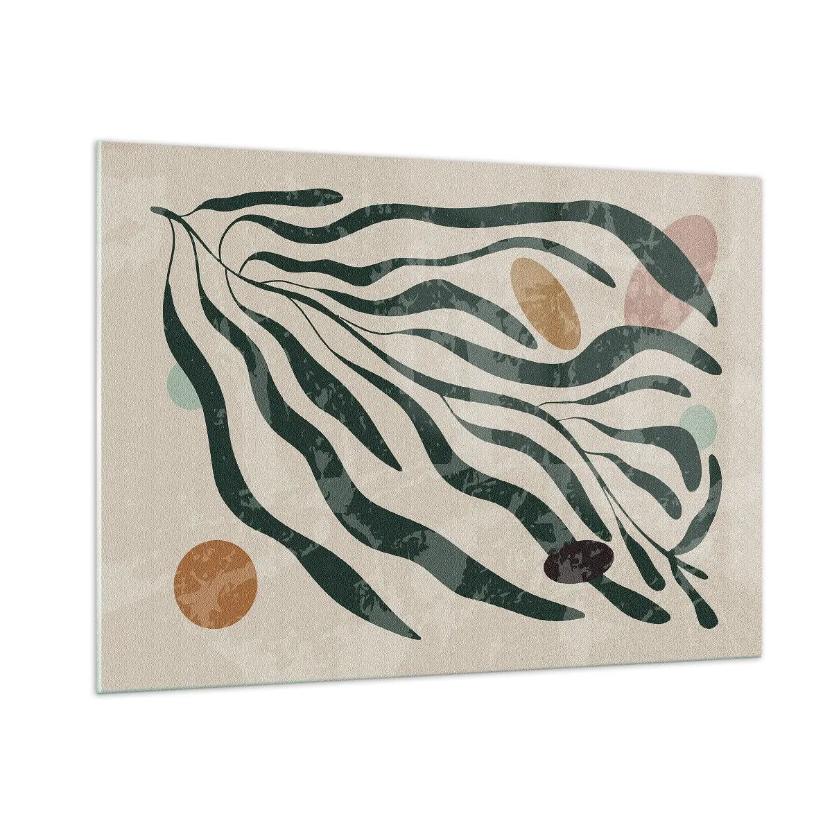 Impression sur verre - Image sur verre - Formes organiques en vert sur fond beige - 100x70cm - Parmi la verdure - Décoration murale moderne pour le salon et la chambre ARTTOR
