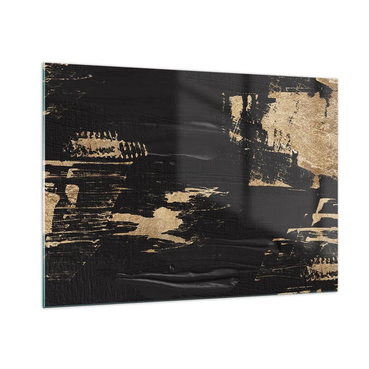 Impression sur verre - Image sur verre - Abstraction noire et dorée avec une texture semblable à un coup de pinceau - 100x70cm - Empreinte du toucher - Décoration murale moderne pour le salon et la chambre ARTTOR