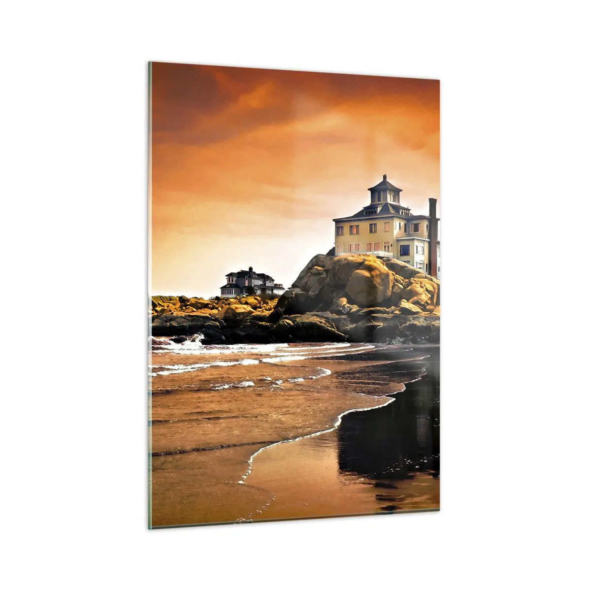 Impression sur verre - Image sur verre - Maison sur une falaise surplombant la mer au coucher du soleil - 50x70cm - L'élégance de la côte ouest - Décoration murale moderne pour le salon et la chambre ARTTOR